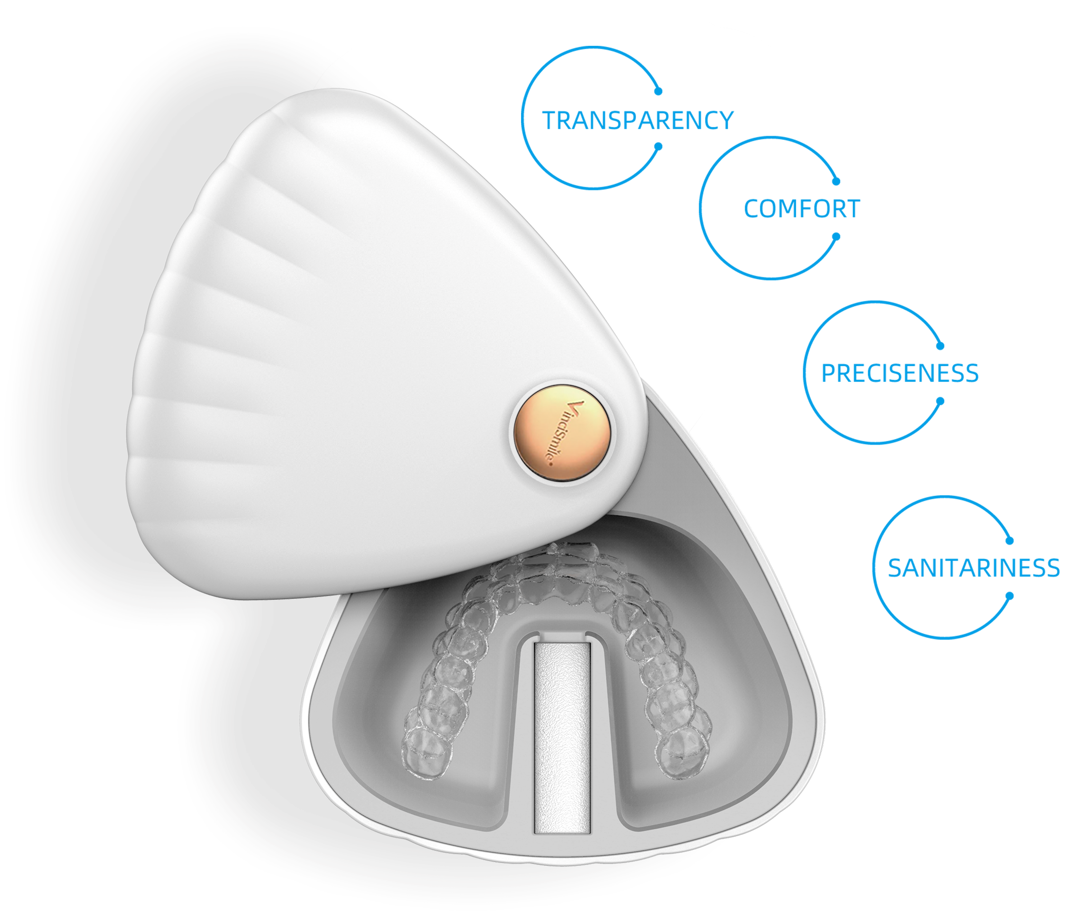 display of VinciSmile clear aligner case in shield shape with the aligners inside of it